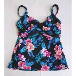 NWOT Ladies Lands End Underwire Wrap Black Tropical Floral Tankini Swim Top 6